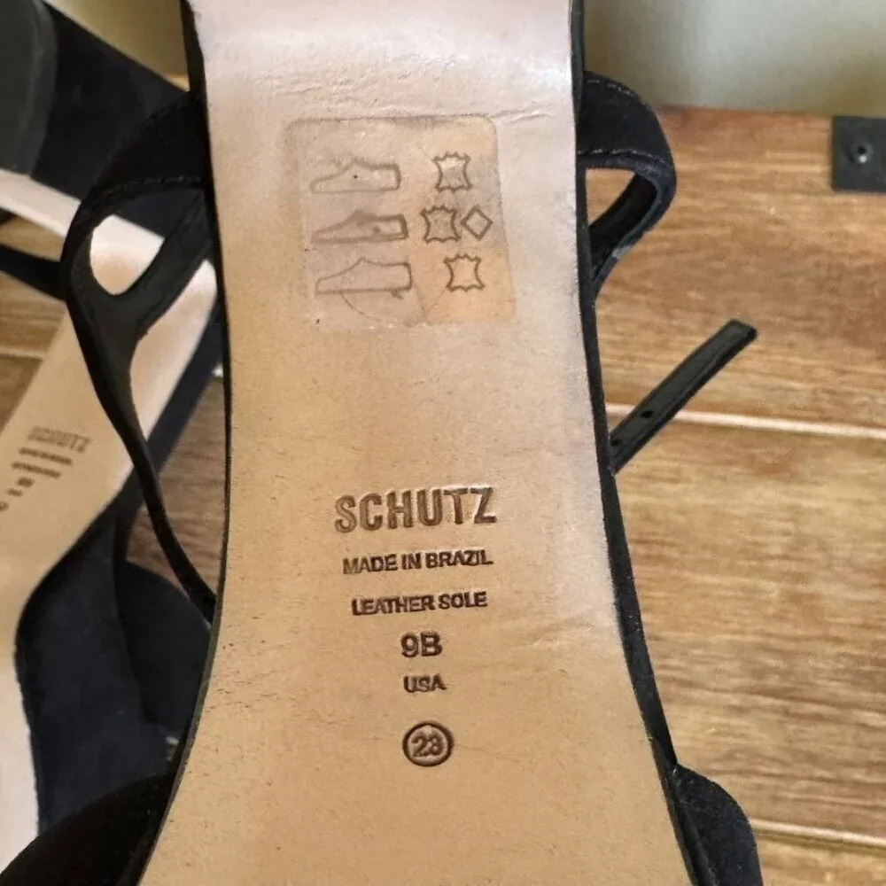 SCHUTZ Keefa Black Suede Open Toe Ankle Strap Platform 70s Evening Sandal Size 8